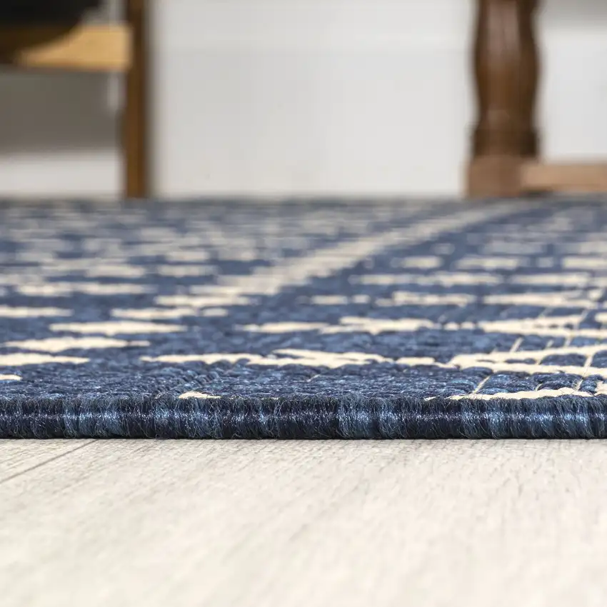 8' Navy Blue And Beige Trellis Indoor Outdoor Runner Rug Photo 6