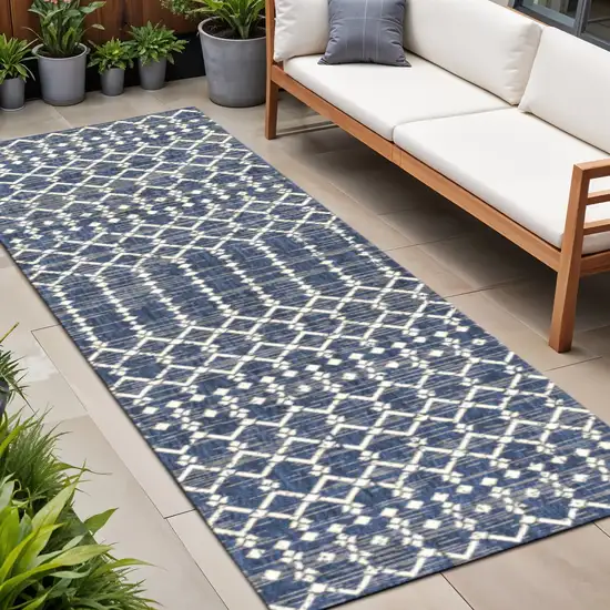 8' Navy Blue And Beige Trellis Indoor Outdoor Runner Rug Photo 1