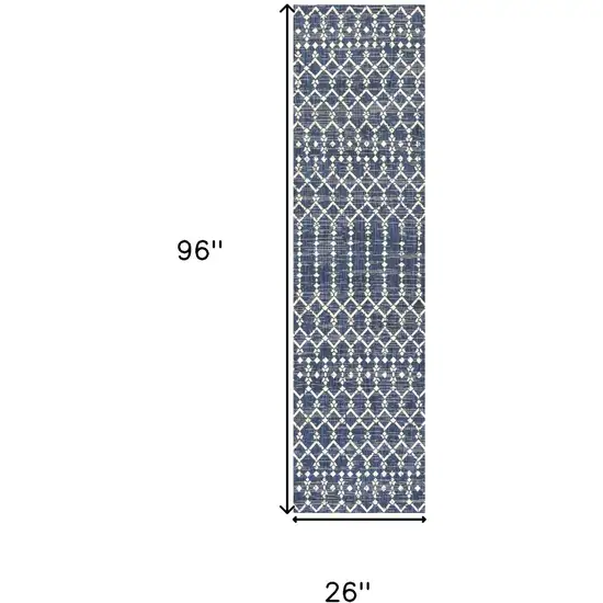 8' Navy Blue And Beige Trellis Indoor Outdoor Runner Rug Photo 7