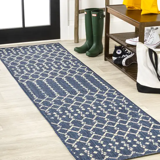 8' Navy Blue And Beige Trellis Indoor Outdoor Runner Rug Photo 4