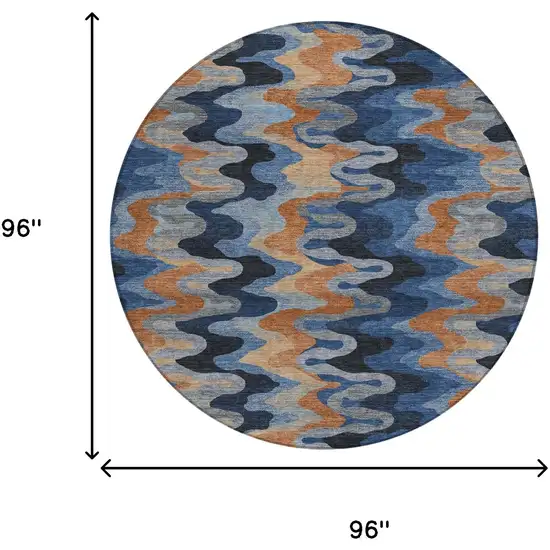 8' Navy Blue And Black Round Abstract Washable Indoor Outdoor Area Rug Photo 8
