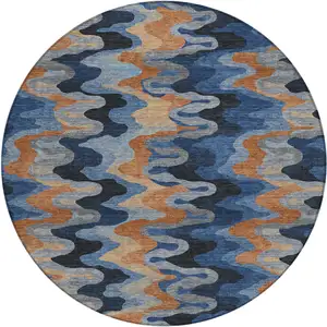 Photo of 8' Navy Blue And Black Round Abstract Washable Indoor Outdoor Area Rug
