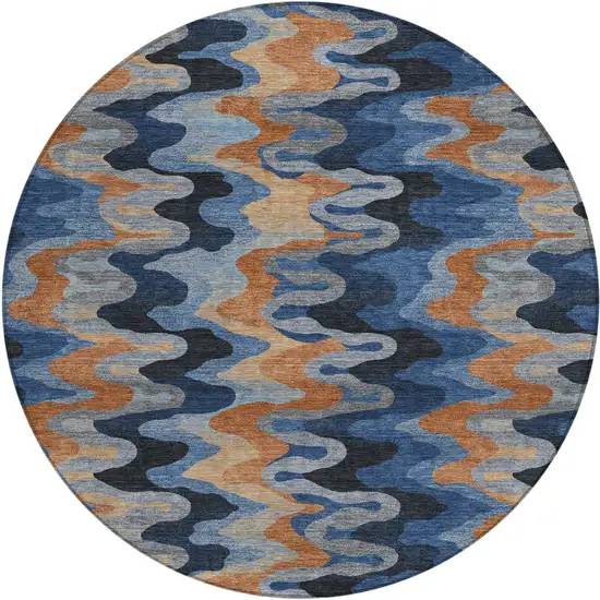 8' Navy Blue And Black Round Abstract Washable Indoor Outdoor Area Rug Photo 1
