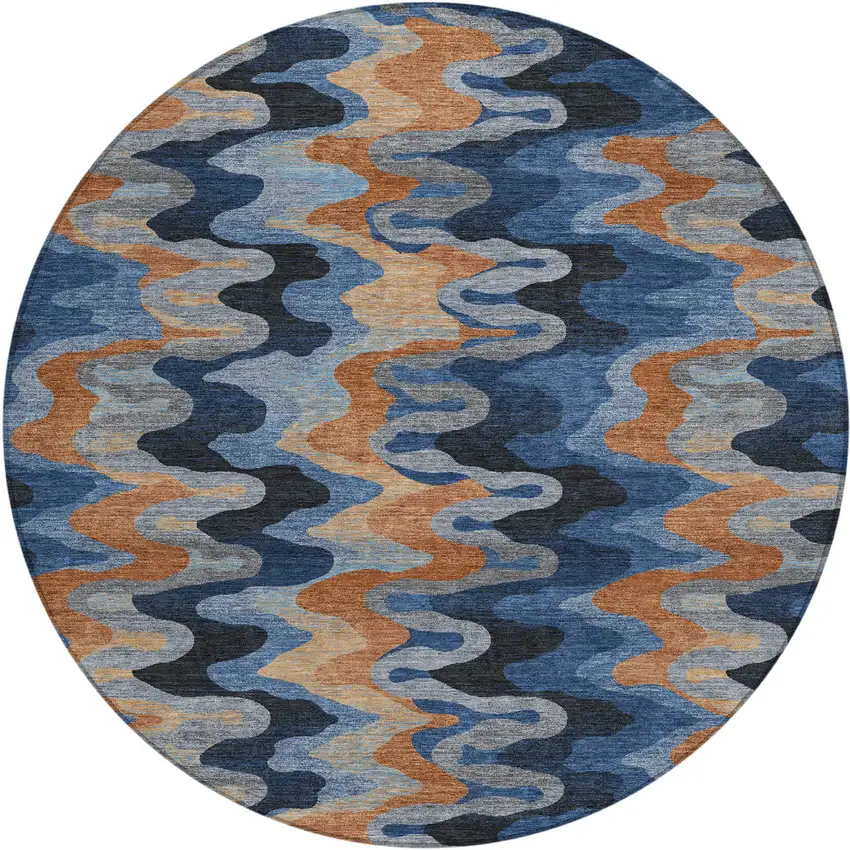 8' Navy Blue And Black Round Abstract Washable Indoor Outdoor Area Rug Photo 1
