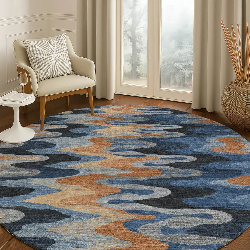 8' Navy Blue And Black Round Abstract Washable Indoor Outdoor Area Rug Photo 5