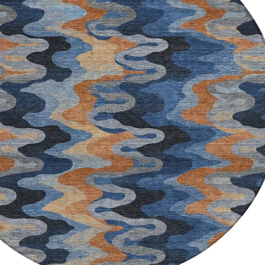 8' Navy Blue And Black Round Abstract Washable Indoor Outdoor Area Rug Photo 2