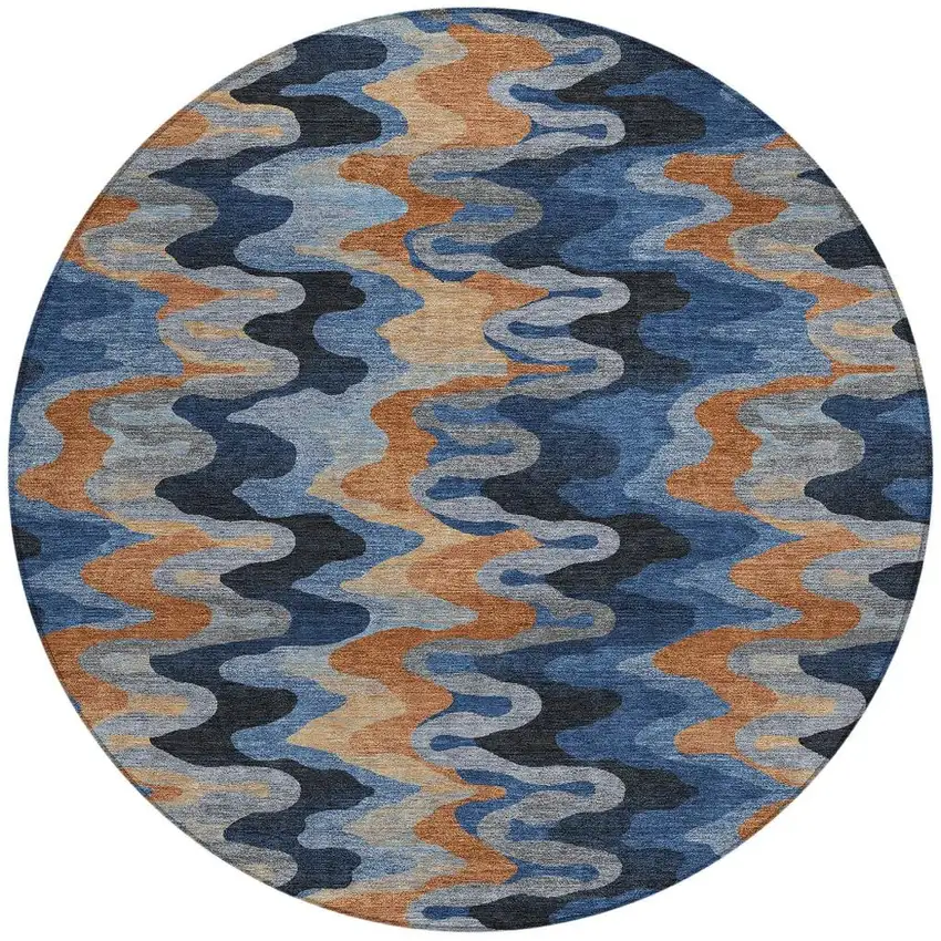 8' Navy Blue And Black Round Abstract Washable Indoor Outdoor Area Rug Photo 3
