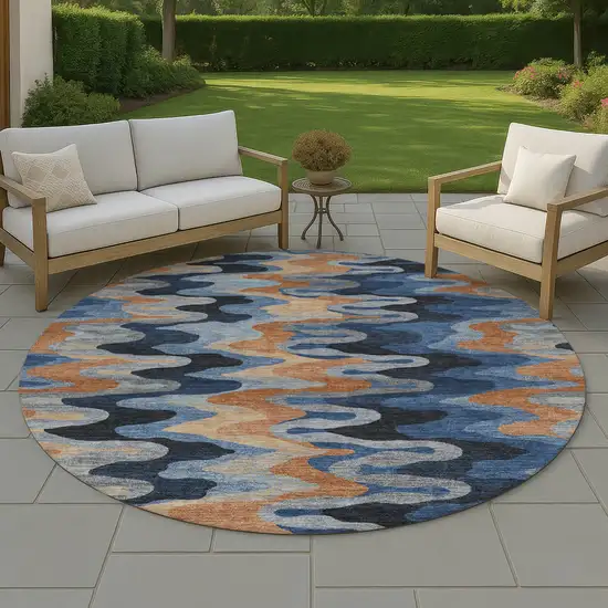 8' Navy Blue And Black Round Abstract Washable Indoor Outdoor Area Rug Photo 4