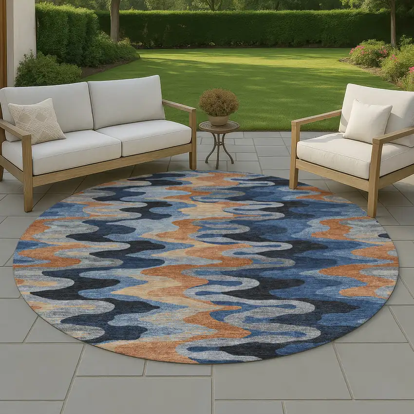 8' Navy Blue And Black Round Abstract Washable Indoor Outdoor Area Rug Photo 4
