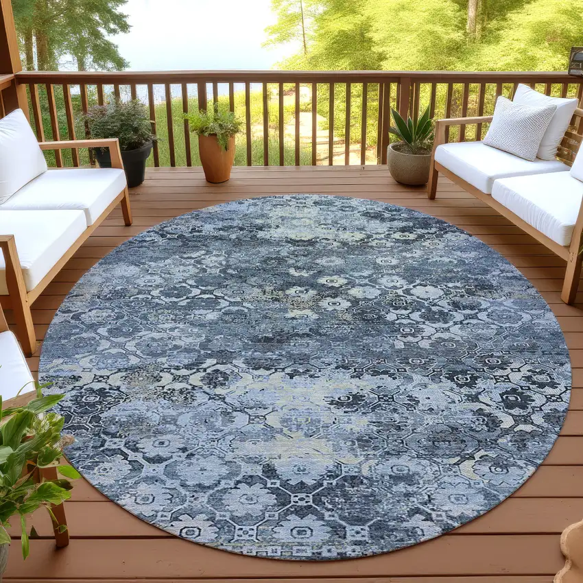 8' Navy Blue And Blue Round Abstract Washable Indoor Outdoor Area Rug Photo 4