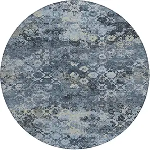 Photo of 8' Navy Blue And Blue Round Abstract Washable Indoor Outdoor Area Rug