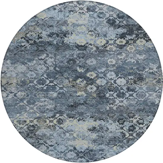 8' Navy Blue And Blue Round Abstract Washable Indoor Outdoor Area Rug Photo 1