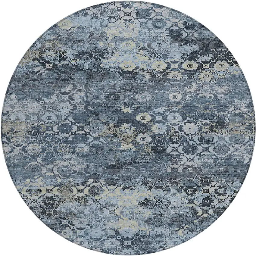8' Navy Blue And Blue Round Abstract Washable Indoor Outdoor Area Rug Photo 1