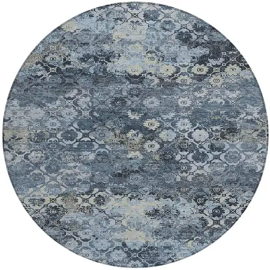8' Navy Blue And Blue Round Abstract Washable Indoor Outdoor Area Rug Photo 3
