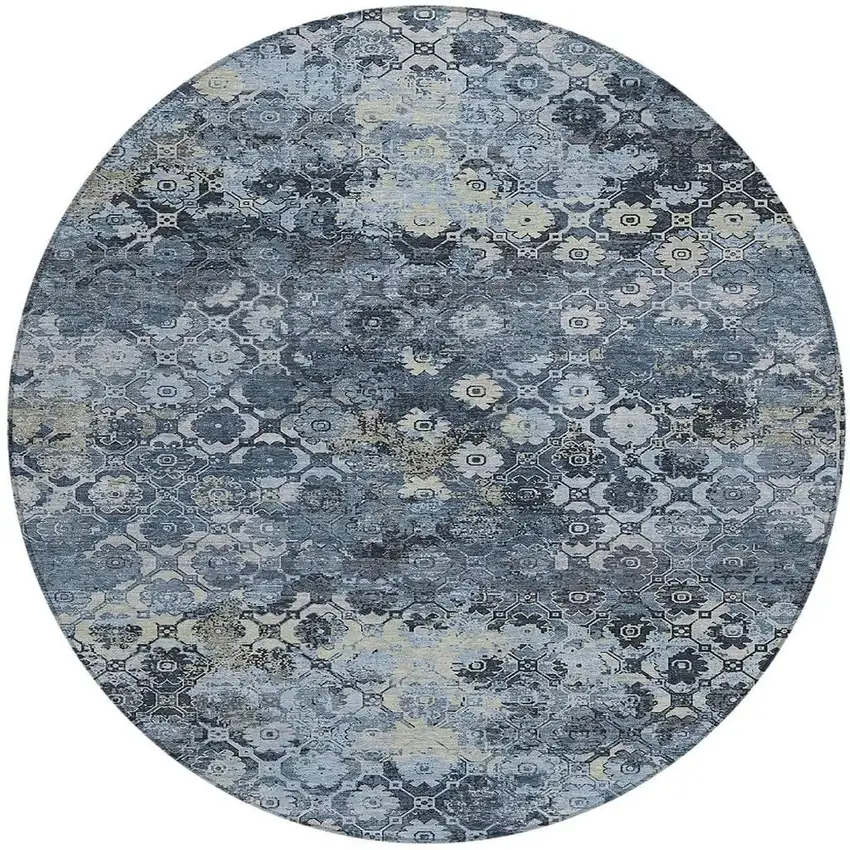 8' Navy Blue And Blue Round Abstract Washable Indoor Outdoor Area Rug Photo 3