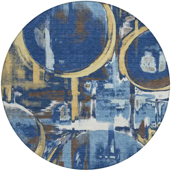 8' Navy Blue And Blue Round Abstract Washable Indoor Outdoor Area Rug Photo 1