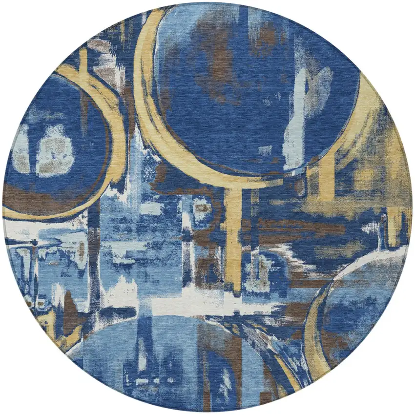 8' Navy Blue And Blue Round Abstract Washable Indoor Outdoor Area Rug Photo 3