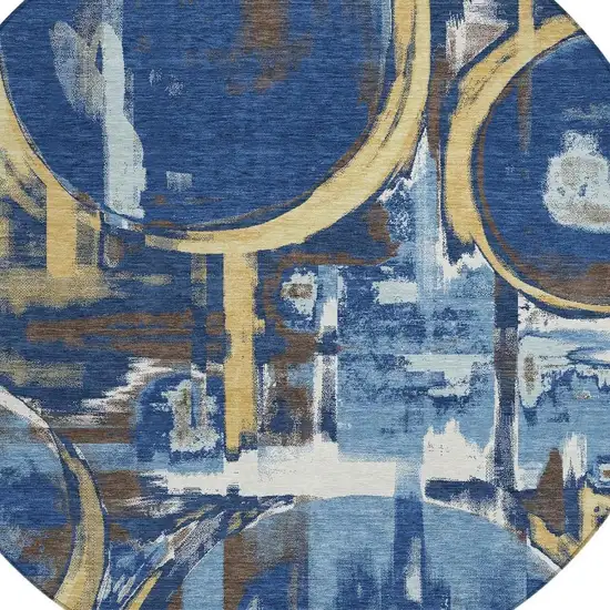 8' Navy Blue And Blue Round Abstract Washable Indoor Outdoor Area Rug Photo 2