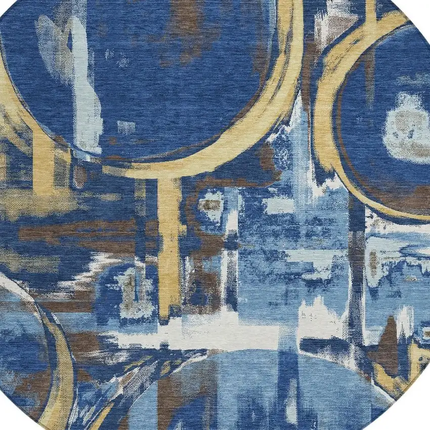 8' Navy Blue And Blue Round Abstract Washable Indoor Outdoor Area Rug Photo 2