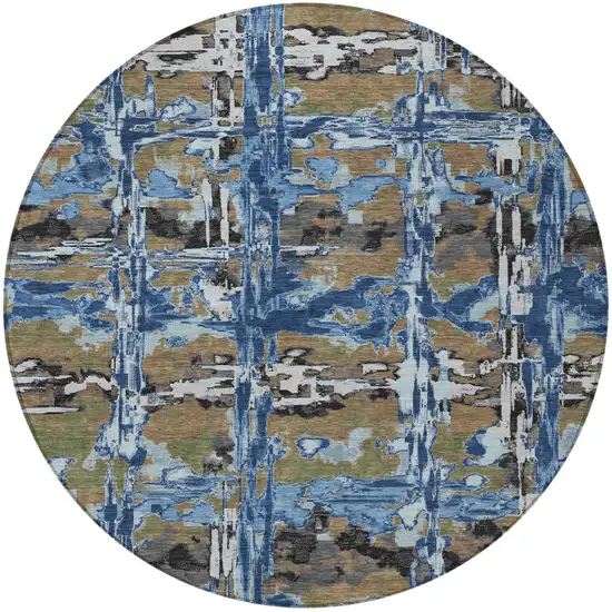 8' Navy Blue And Blue Round Abstract Washable Indoor Outdoor Area Rug Photo 3