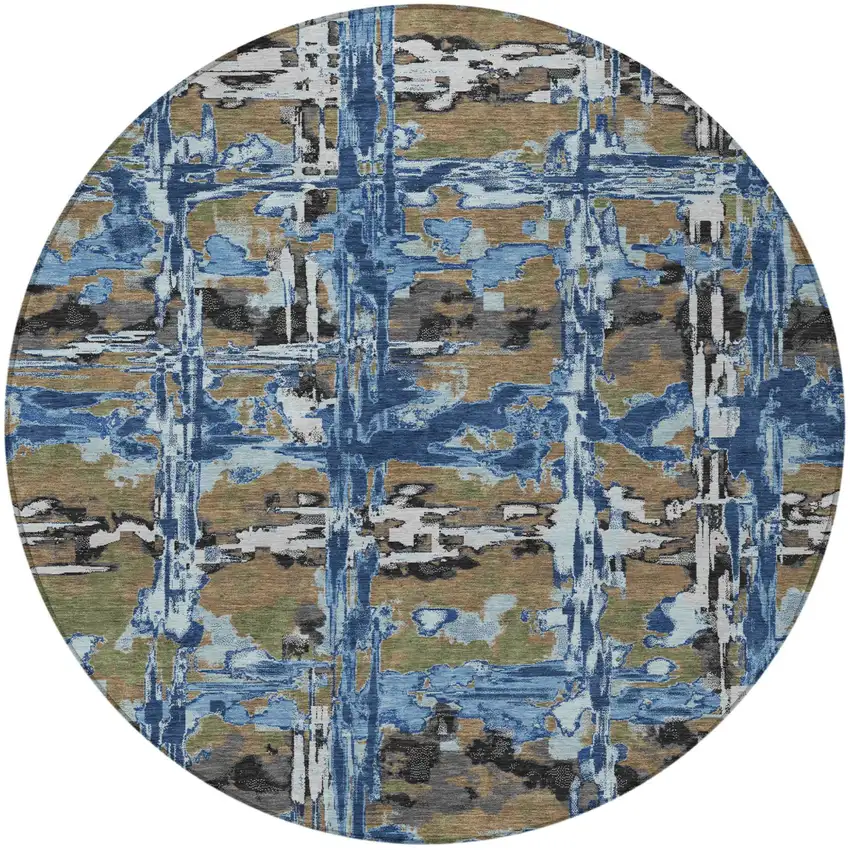8' Navy Blue And Blue Round Abstract Washable Indoor Outdoor Area Rug Photo 3