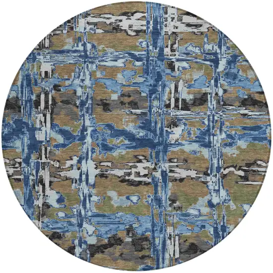 8' Navy Blue And Blue Round Abstract Washable Indoor Outdoor Area Rug Photo 2