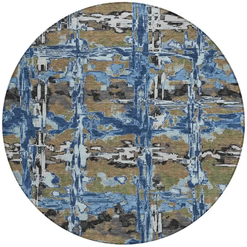 8' Navy Blue And Blue Round Abstract Washable Indoor Outdoor Area Rug Photo 1
