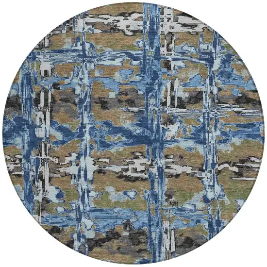 8' Navy Blue And Blue Round Abstract Washable Indoor Outdoor Area Rug Photo 1