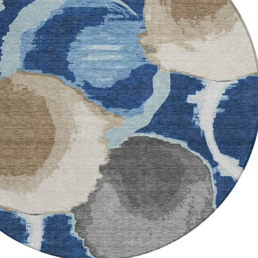8' Navy Blue And Blue Round Abstract Washable Indoor Outdoor Area Rug Photo 3