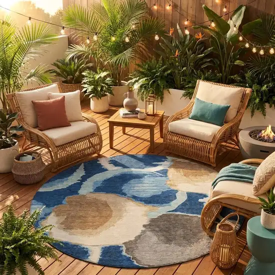 8' Navy Blue And Blue Round Abstract Washable Indoor Outdoor Area Rug Photo 1