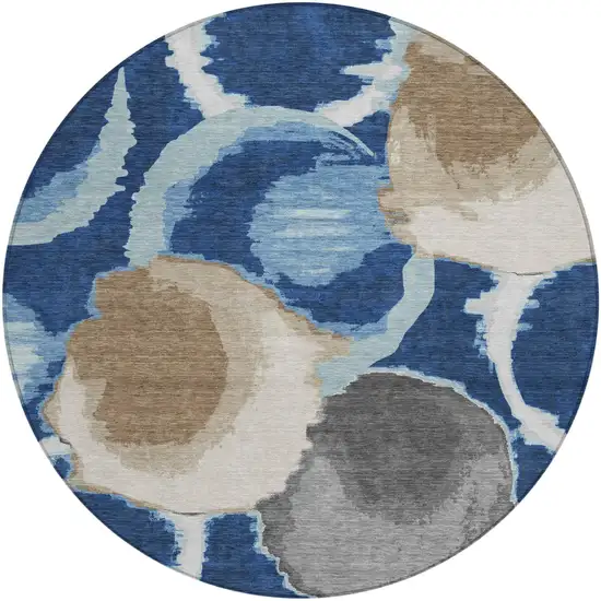 8' Navy Blue And Blue Round Abstract Washable Indoor Outdoor Area Rug Photo 2