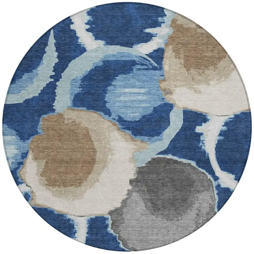 8' Navy Blue And Blue Round Abstract Washable Indoor Outdoor Area Rug Photo 4