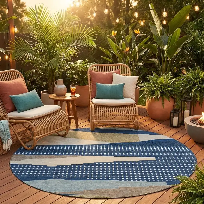 8' Navy Blue And Blue Round Abstract Washable Indoor Outdoor Area Rug Photo 1