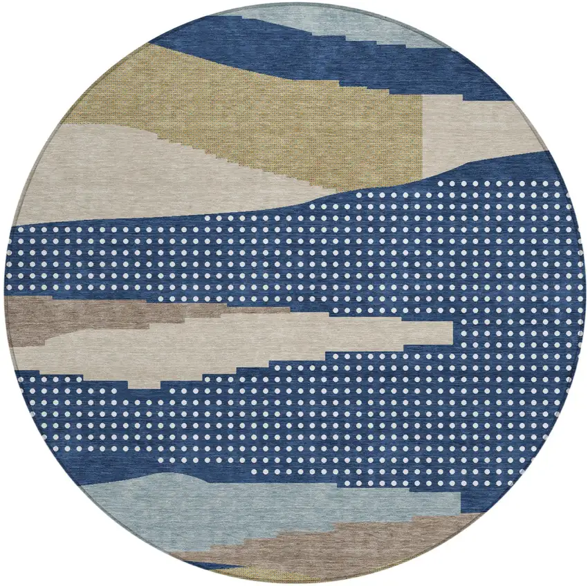 8' Navy Blue And Blue Round Abstract Washable Indoor Outdoor Area Rug Photo 2