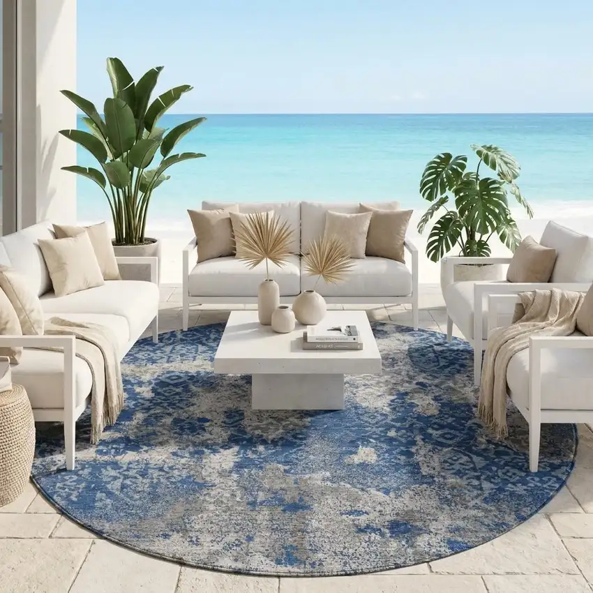 8' Navy Blue And Blue Round Abstract Washable Indoor Outdoor Area Rug Photo 1
