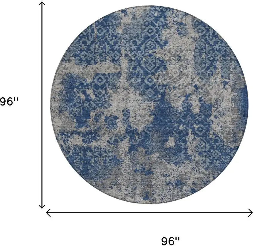 8' Navy Blue And Blue Round Abstract Washable Indoor Outdoor Area Rug Photo 5