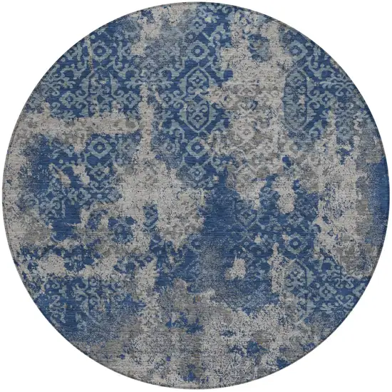 8' Navy Blue And Blue Round Abstract Washable Indoor Outdoor Area Rug Photo 2