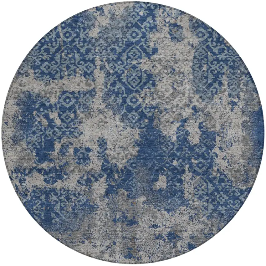 8' Navy Blue And Blue Round Abstract Washable Indoor Outdoor Area Rug Photo 2