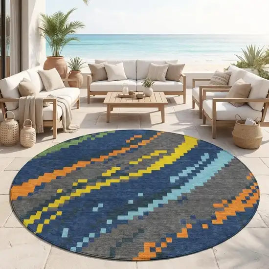 8' Navy Blue And Blue Round Abstract Washable Indoor Outdoor Area Rug Photo 1