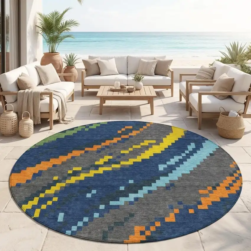 8' Navy Blue And Blue Round Abstract Washable Indoor Outdoor Area Rug Photo 1