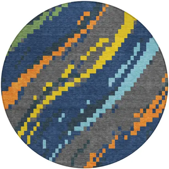 8' Navy Blue And Blue Round Abstract Washable Indoor Outdoor Area Rug Photo 2