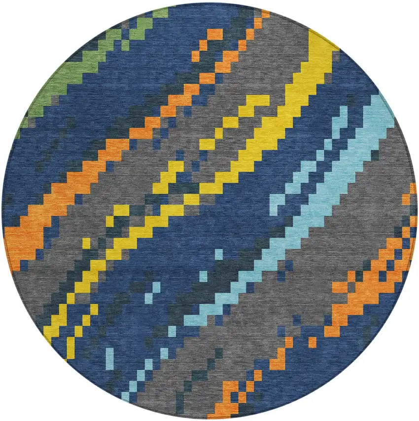 8' Navy Blue And Blue Round Abstract Washable Indoor Outdoor Area Rug Photo 2