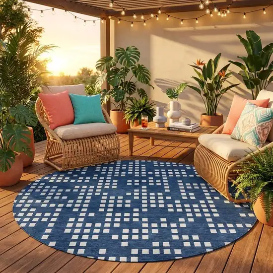 8' Navy Blue And Blue Round Abstract Washable Indoor Outdoor Area Rug Photo 1