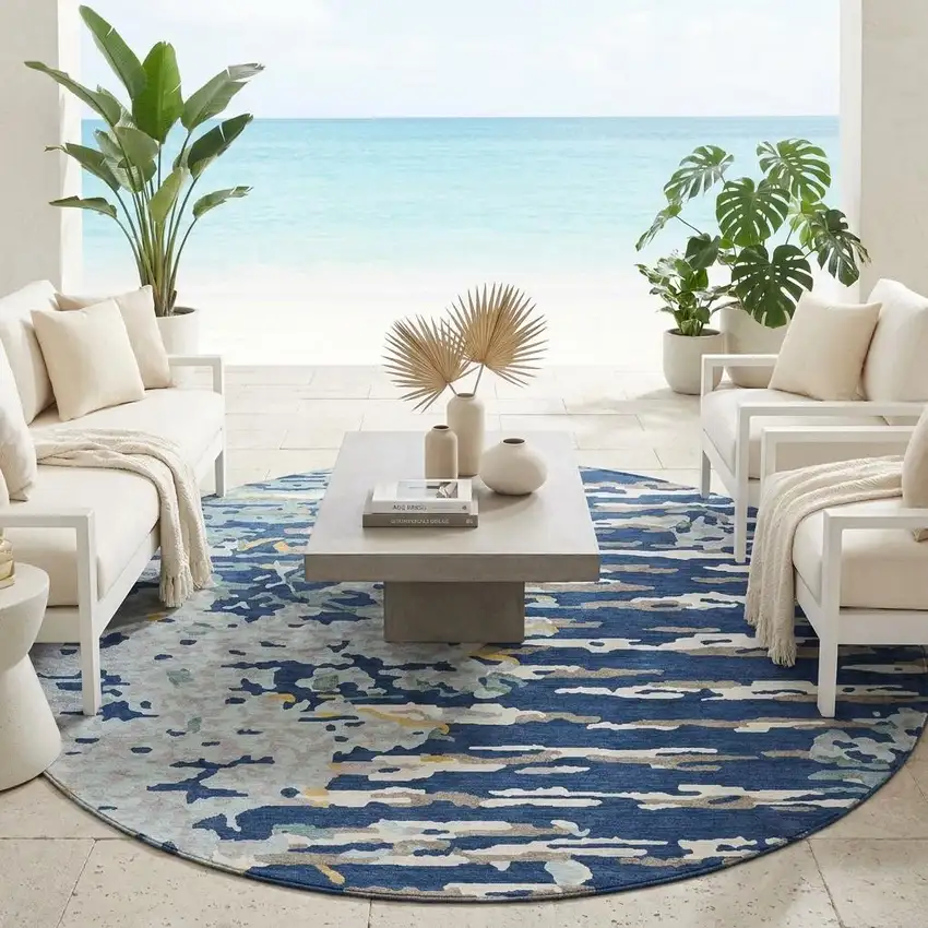 8' Navy Blue And Blue Round Abstract Washable Indoor Outdoor Area Rug Photo 1