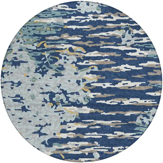 8' Navy Blue And Blue Round Abstract Washable Indoor Outdoor Area Rug Photo 2
