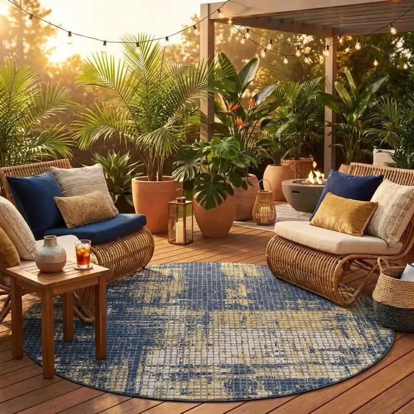 8' Navy Blue And Blue Round Abstract Washable Indoor Outdoor Area Rug Photo 1