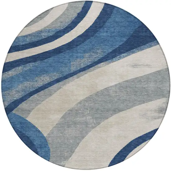 8' Navy Blue And Blue Round Abstract Washable Indoor Outdoor Area Rug Photo 4