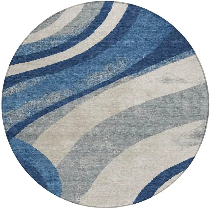 8' Navy Blue And Blue Round Abstract Washable Indoor Outdoor Area Rug Photo 4