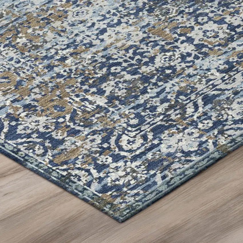 8' Navy Blue And Blue Round Abstract Washable Indoor Outdoor Area Rug Photo 4