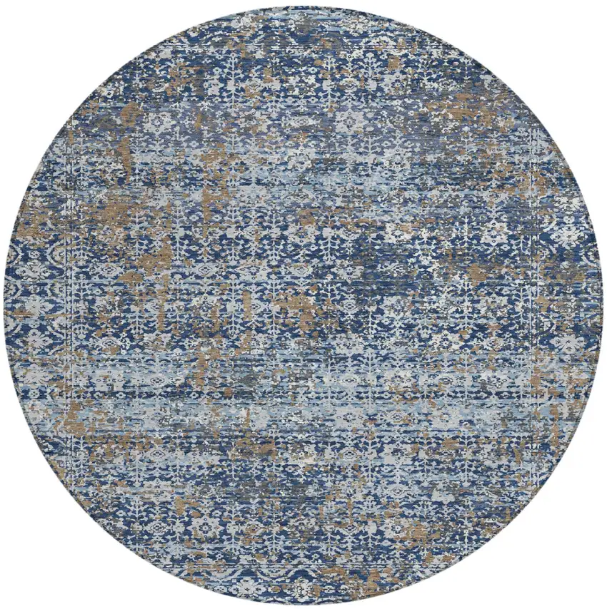 8' Navy Blue And Blue Round Abstract Washable Indoor Outdoor Area Rug Photo 2